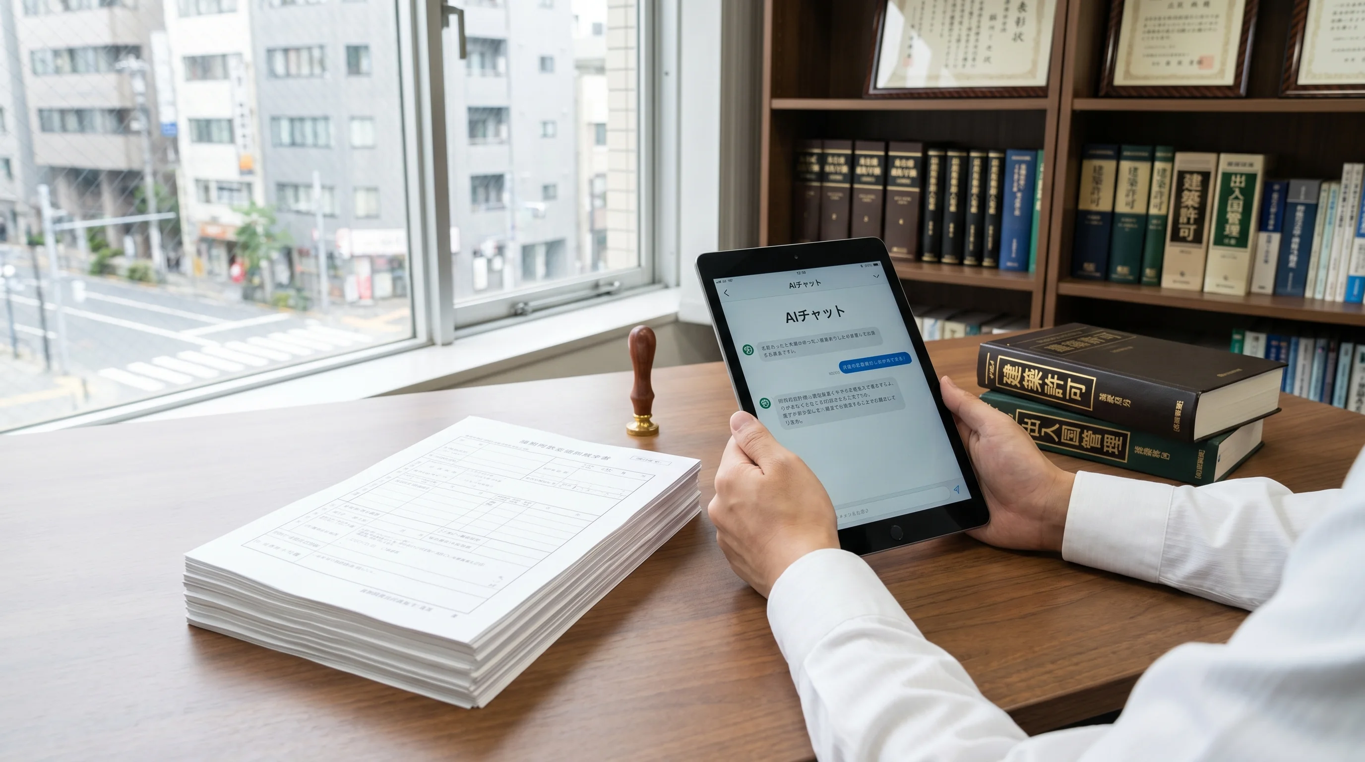 行政書士事務所のAI検索最適化（AIO）のイメージ。タブレットにAIチャット画面が映っている