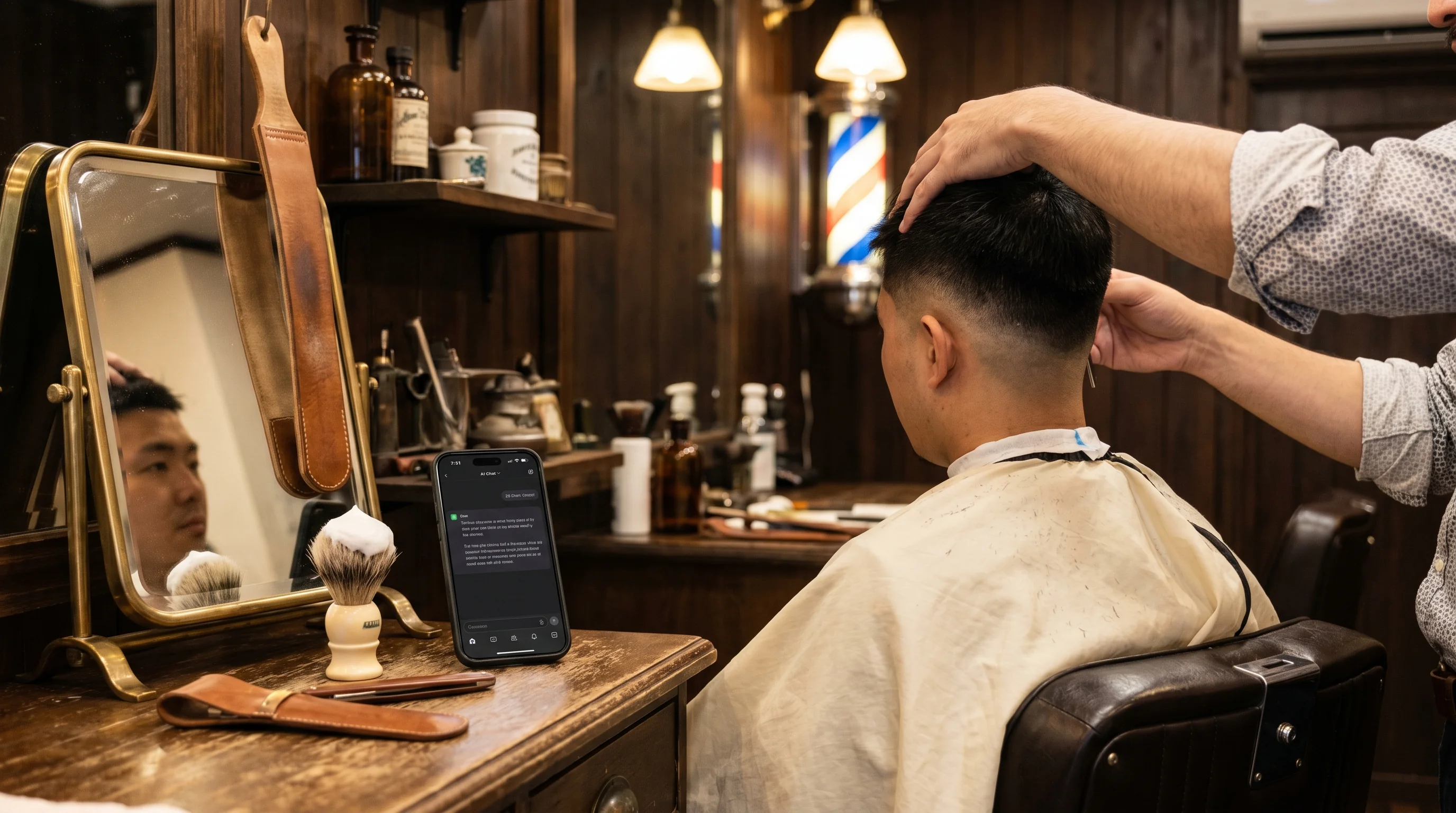 理容室のAI検索最適化（AIO）のイメージ。タブレットにAIチャット画面が映っている