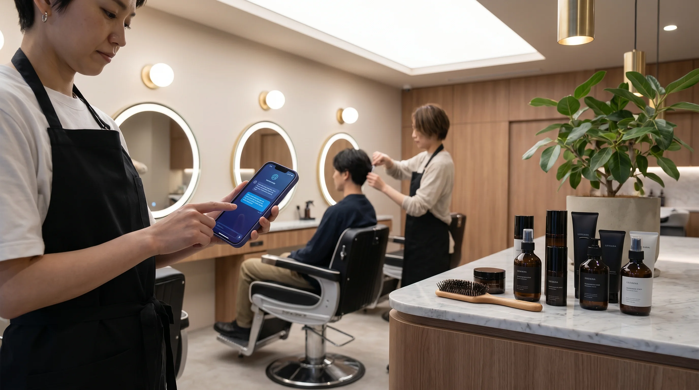 美容室の店内でスタイリストがスマートフォンのAIチャットを確認し、奥では別のスタイリストがカット中の様子