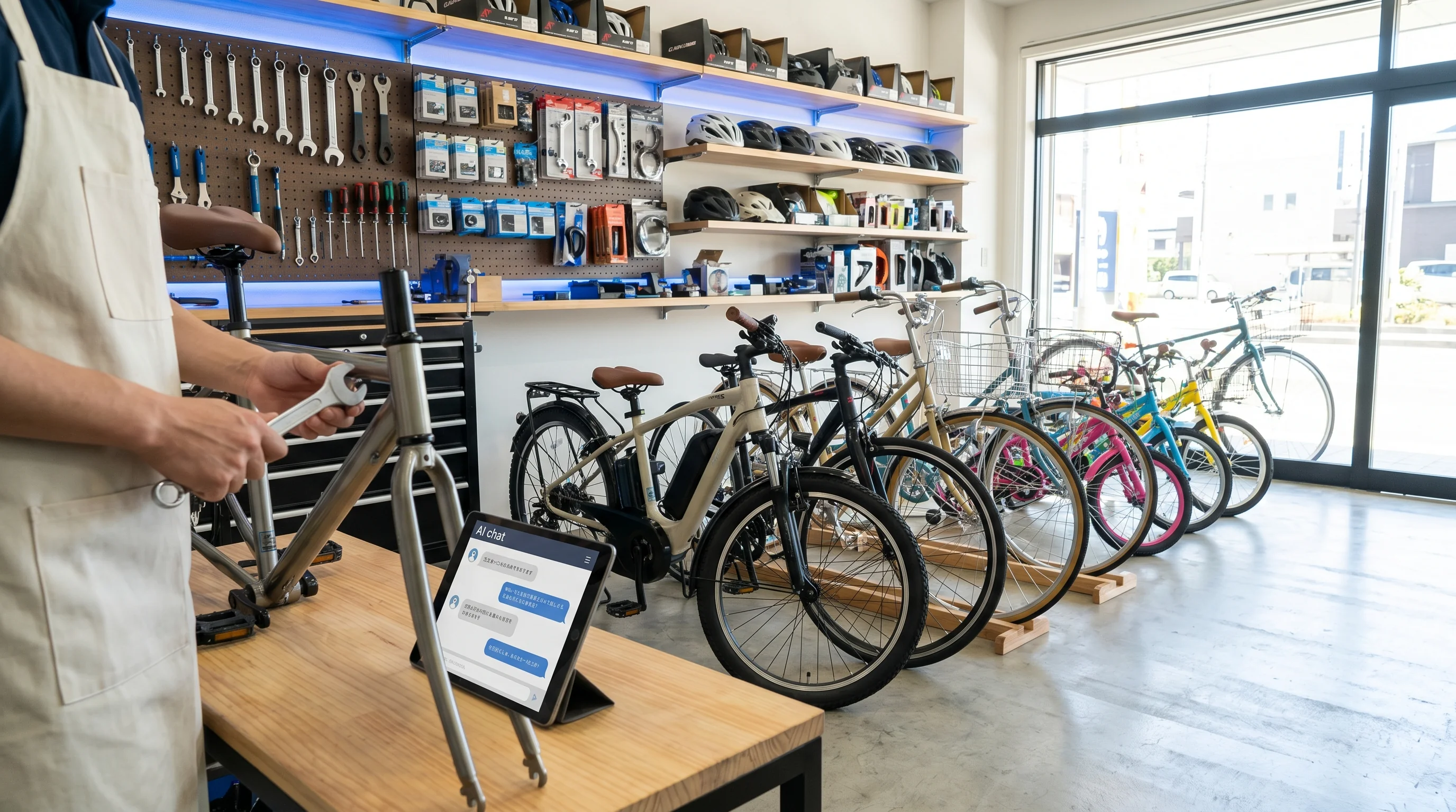 自転車屋のAI検索最適化（AIO）のイメージ。タブレットにAIチャット画面が映っている