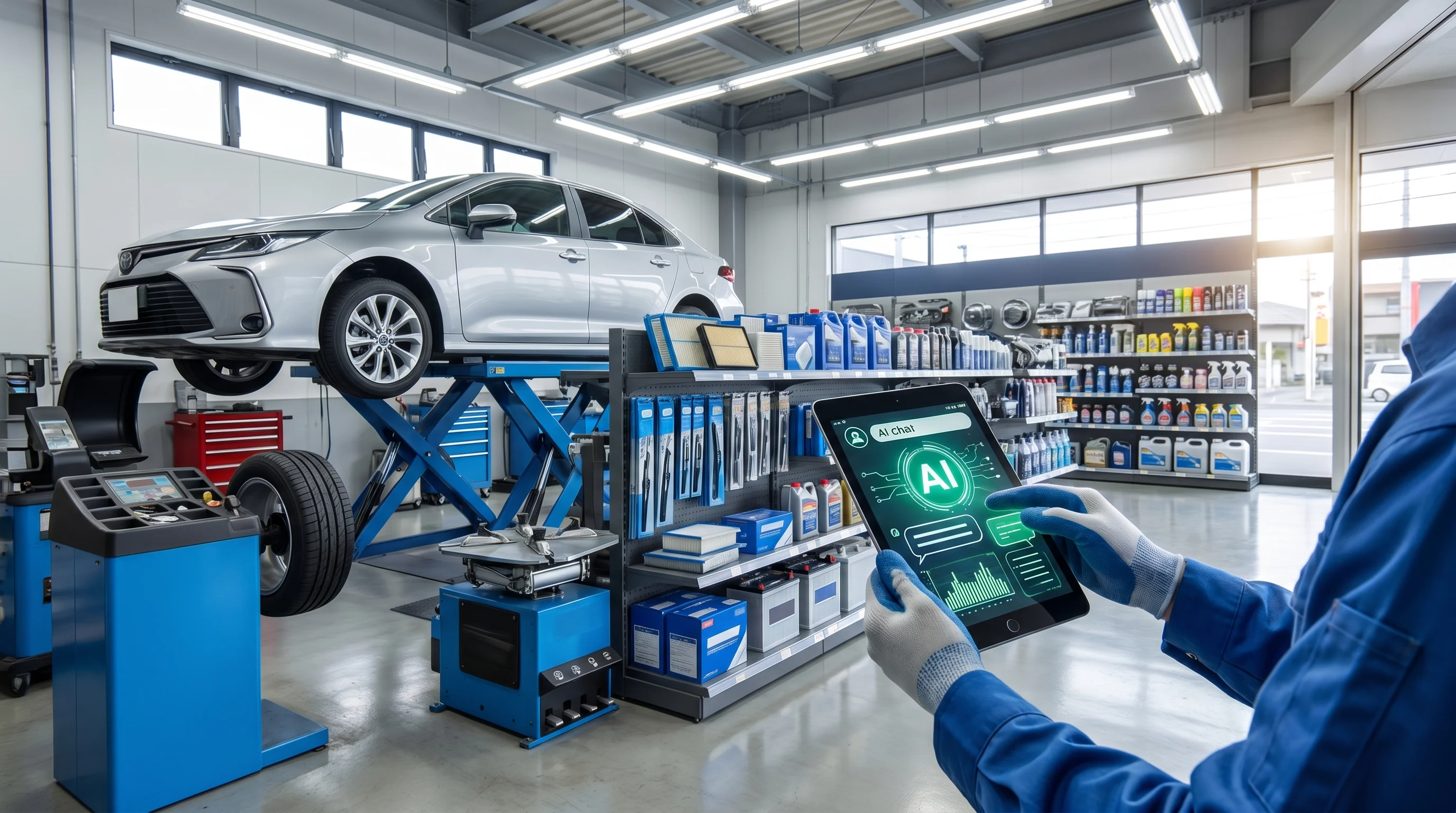 カー用品店のAI検索最適化（AIO）のイメージ。タブレットにAIチャット画面が映っている