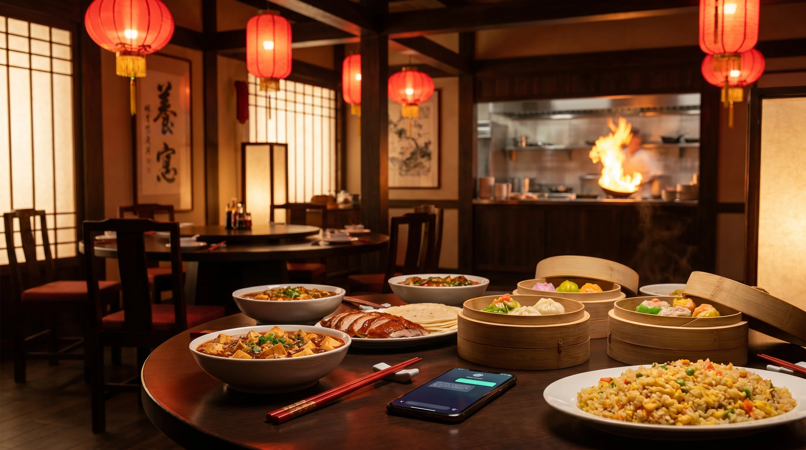 中華料理店のAI検索最適化（AIO）のイメージ。タブレットにAIチャット画面が映っている