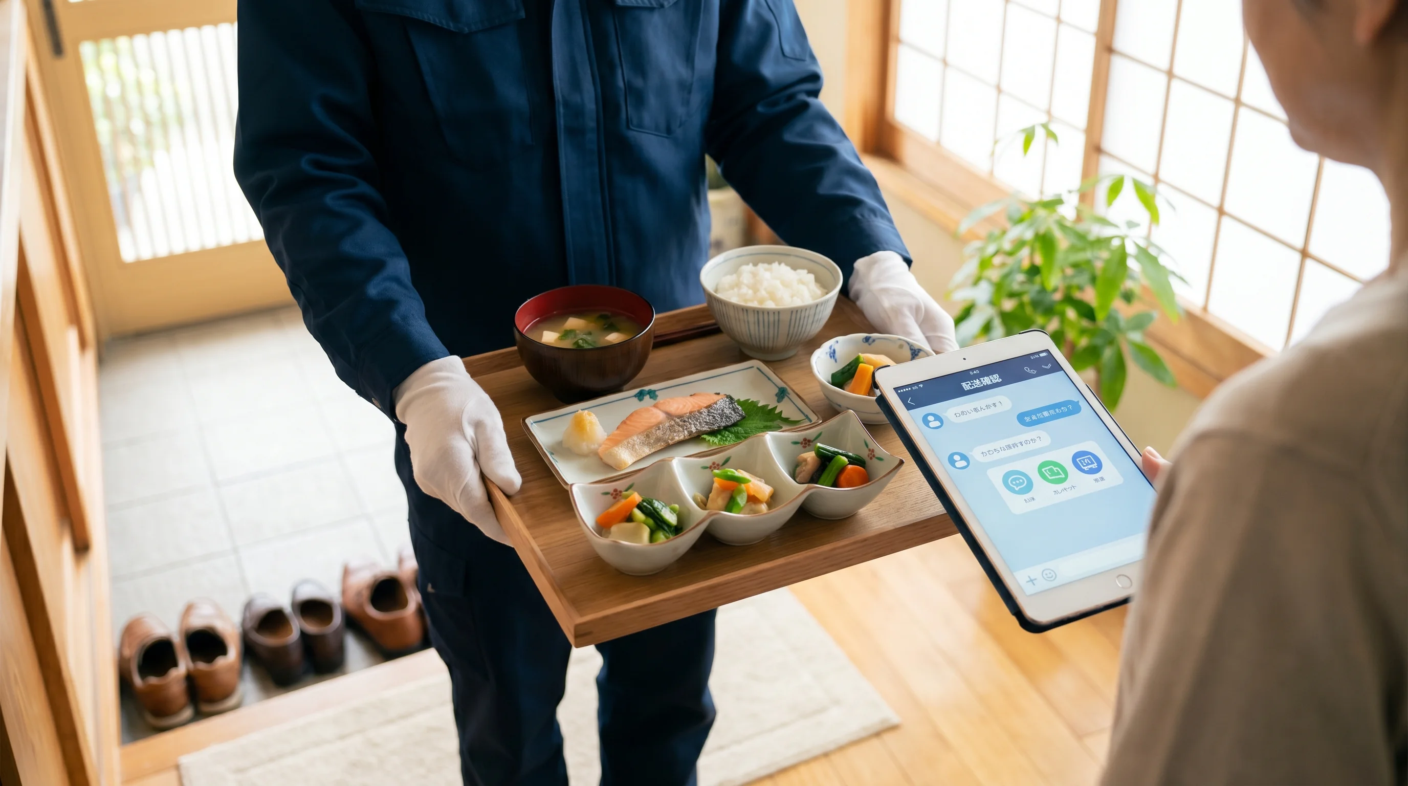 高齢者配食のAI検索最適化（AIO）のイメージ。タブレットにAIチャット画面が映っている