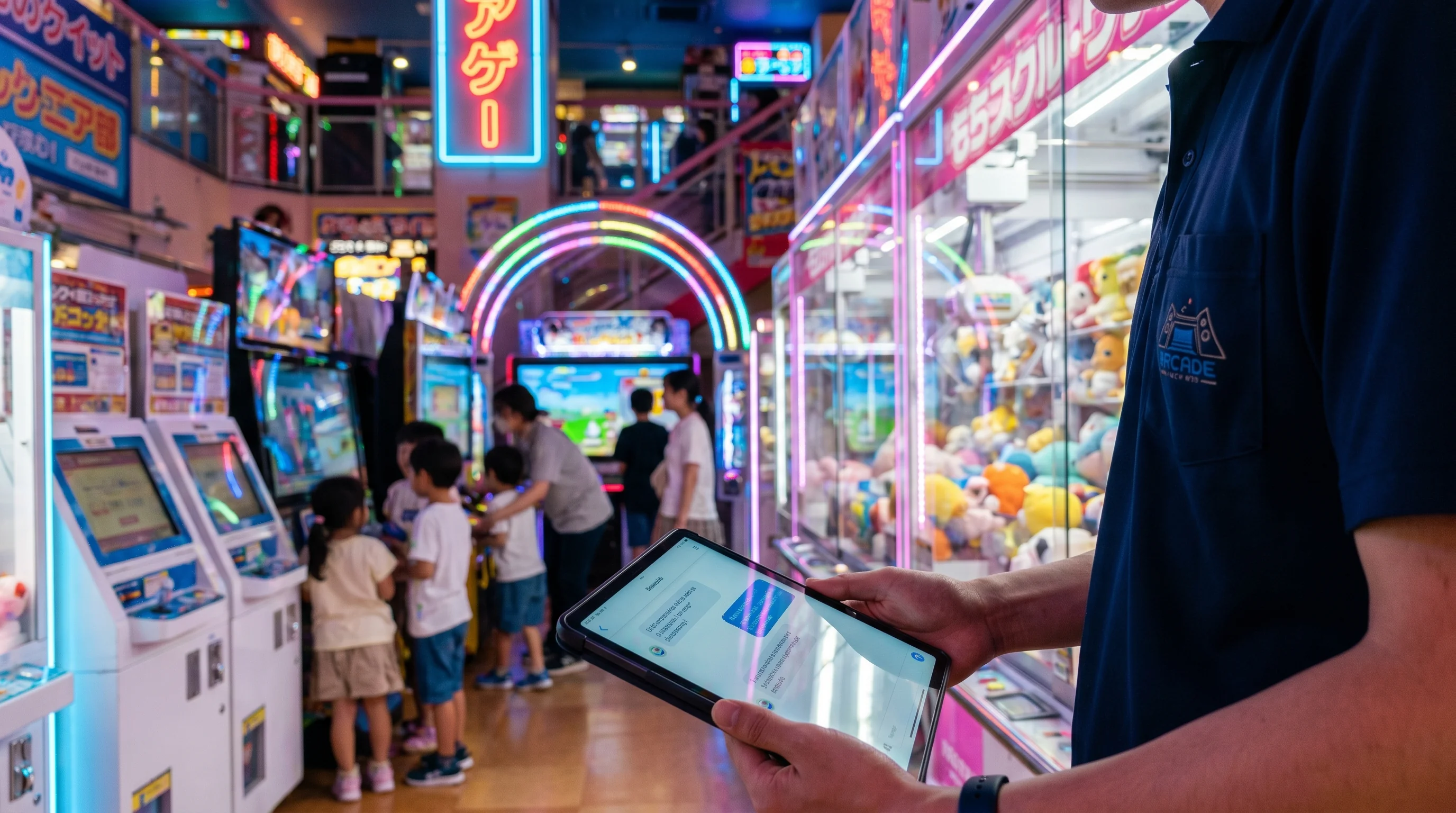 ゲームセンターのAI検索最適化（AIO）のイメージ。タブレットにAIチャット画面が映っている