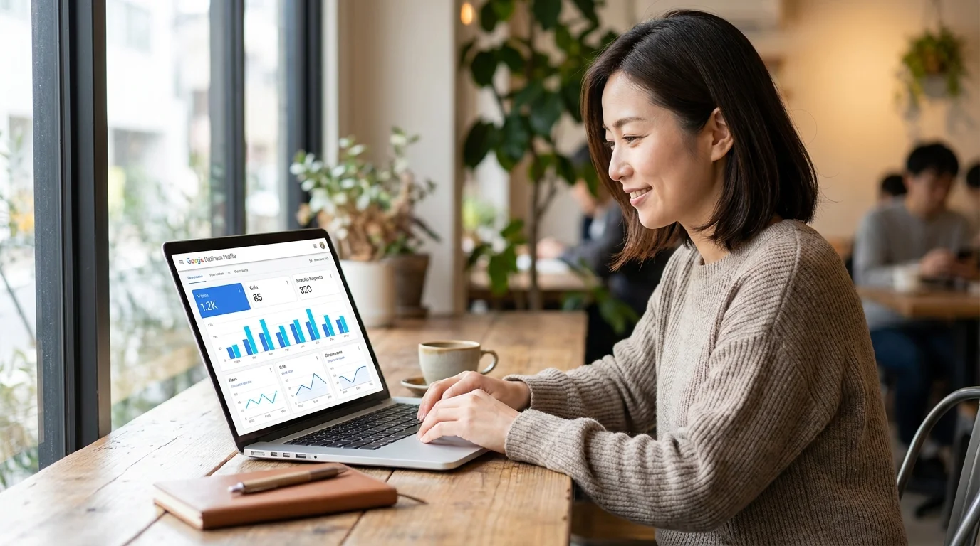 日本の女性店長がカフェのテーブルでノートPCを開き、Googleビジネスプロフィールのパフォーマンスダッシュボードを確認している様子