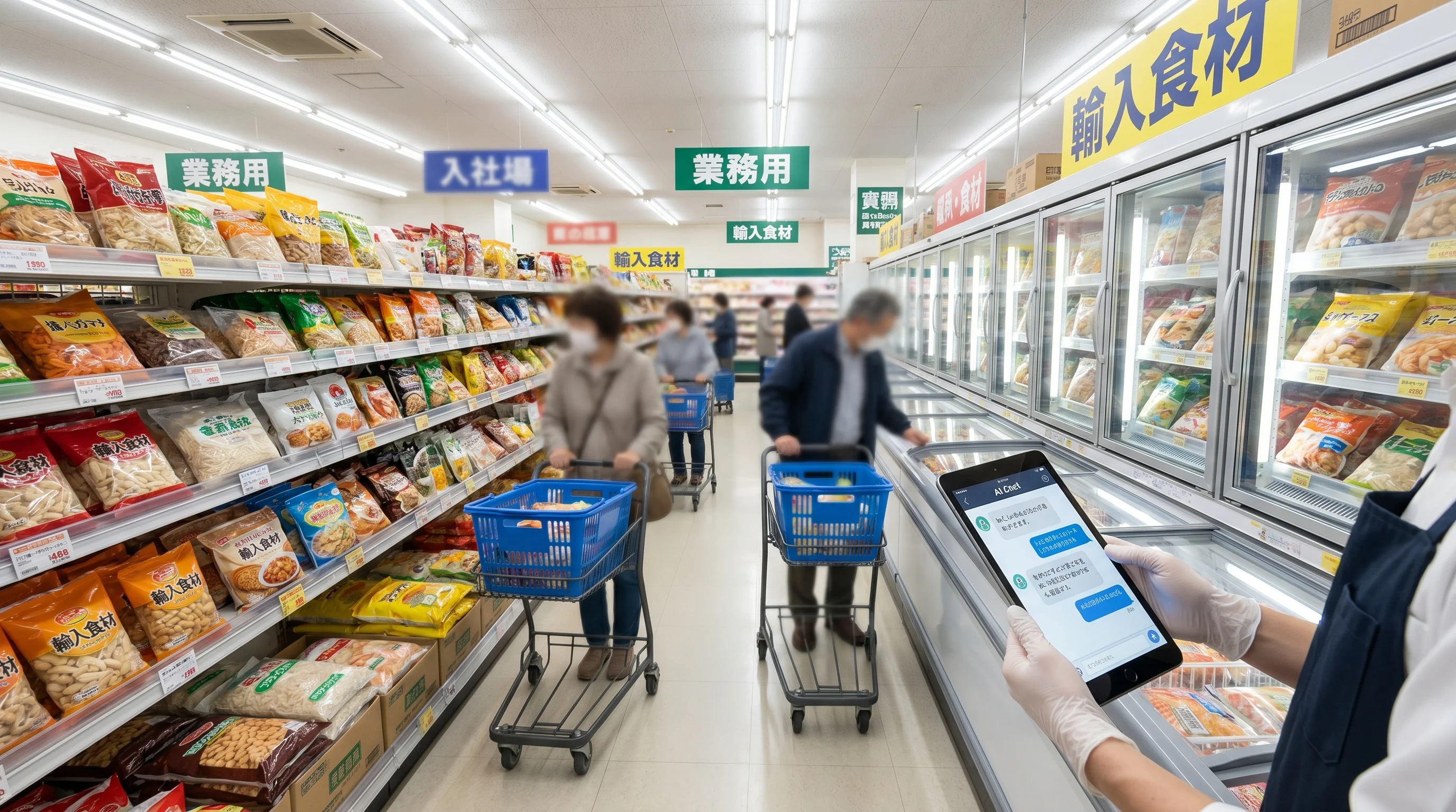 業務スーパーのAI検索最適化（AIO）のイメージ。タブレットにAIチャット画面が映っている