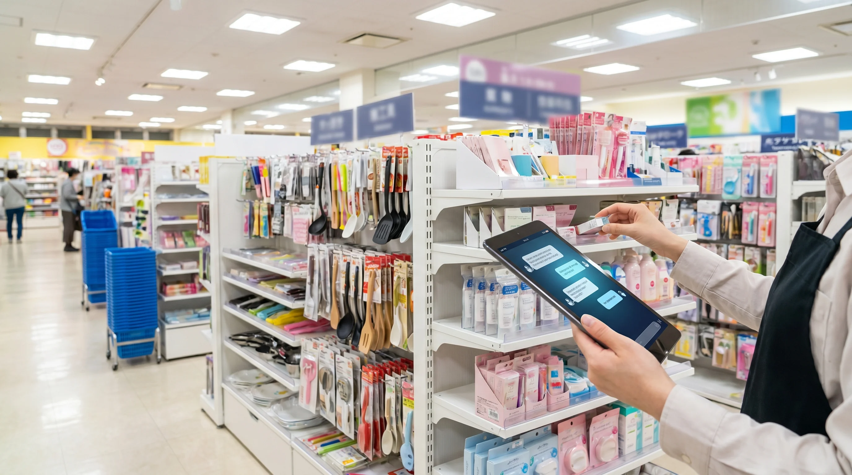 100円ショップのAI検索最適化（AIO）のイメージ。タブレットにAIチャット画面が映っている