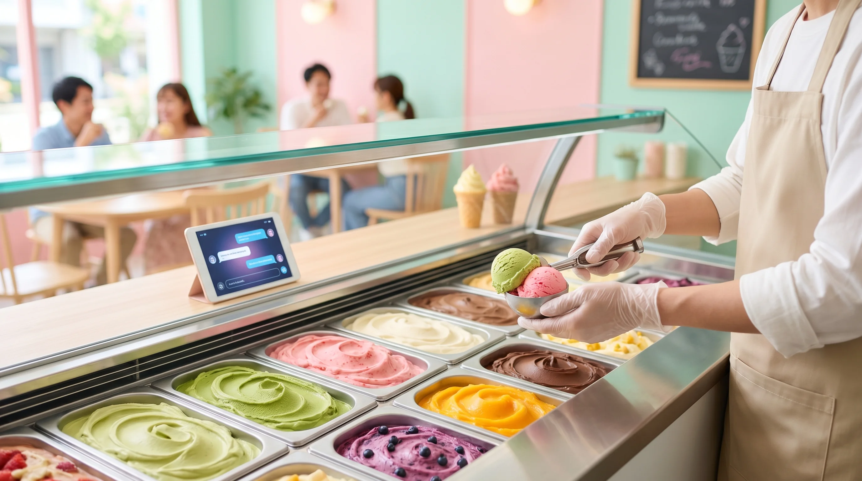 アイスクリーム店のAI検索最適化（AIO）のイメージ。タブレットにAIチャット画面が映っている