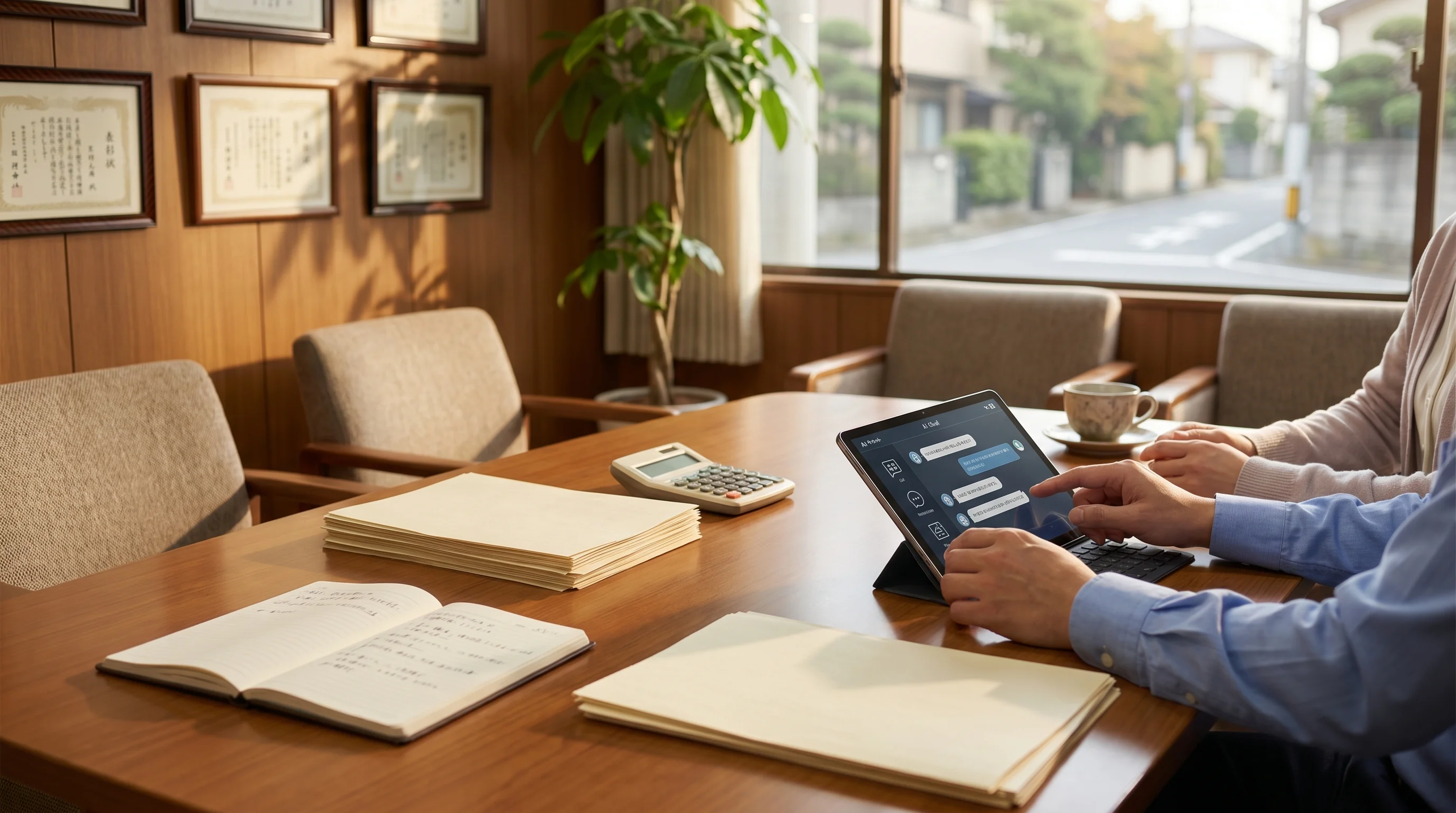 保険代理店のAI検索最適化（AIO）のイメージ。タブレットにAIチャット画面が映っている