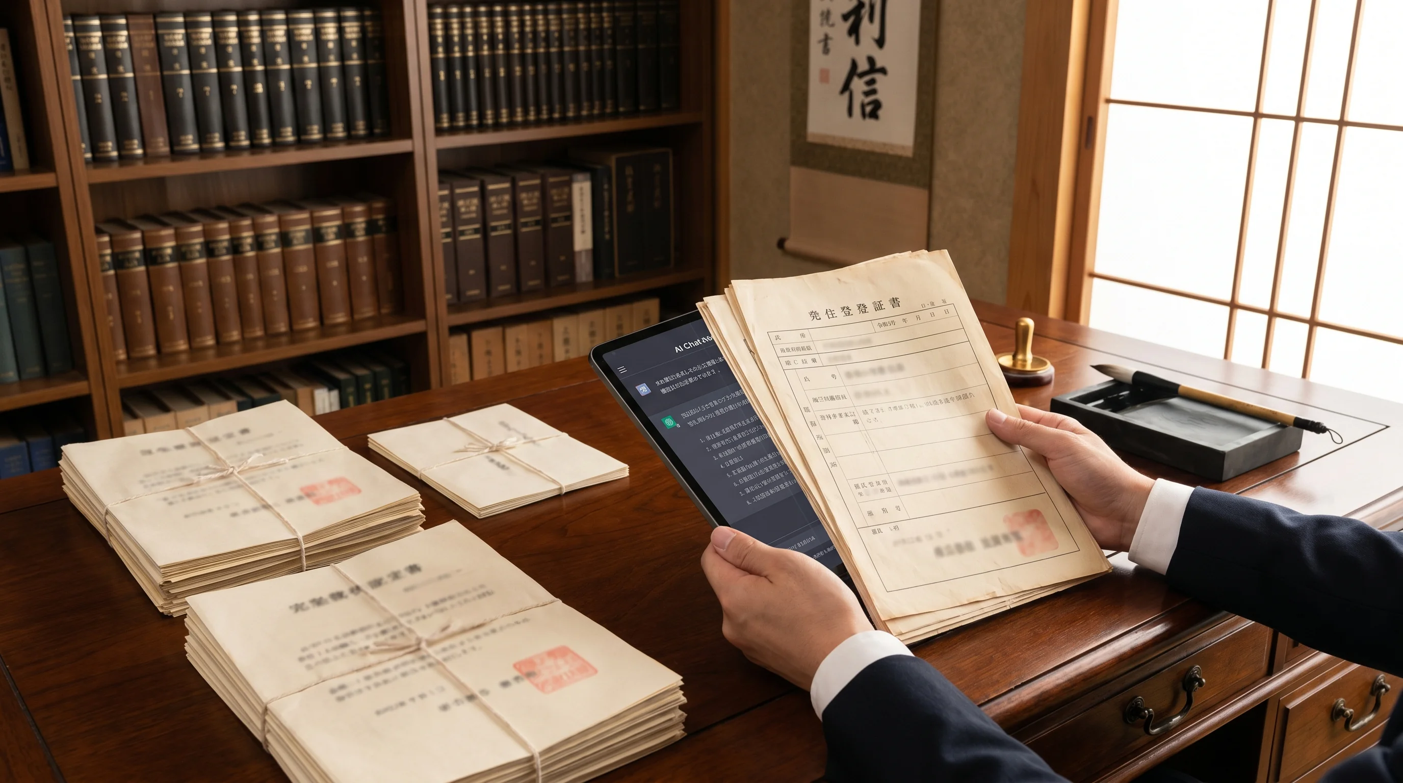 司法書士事務所のAI検索最適化（AIO）のイメージ。タブレットにAIチャット画面が映っている