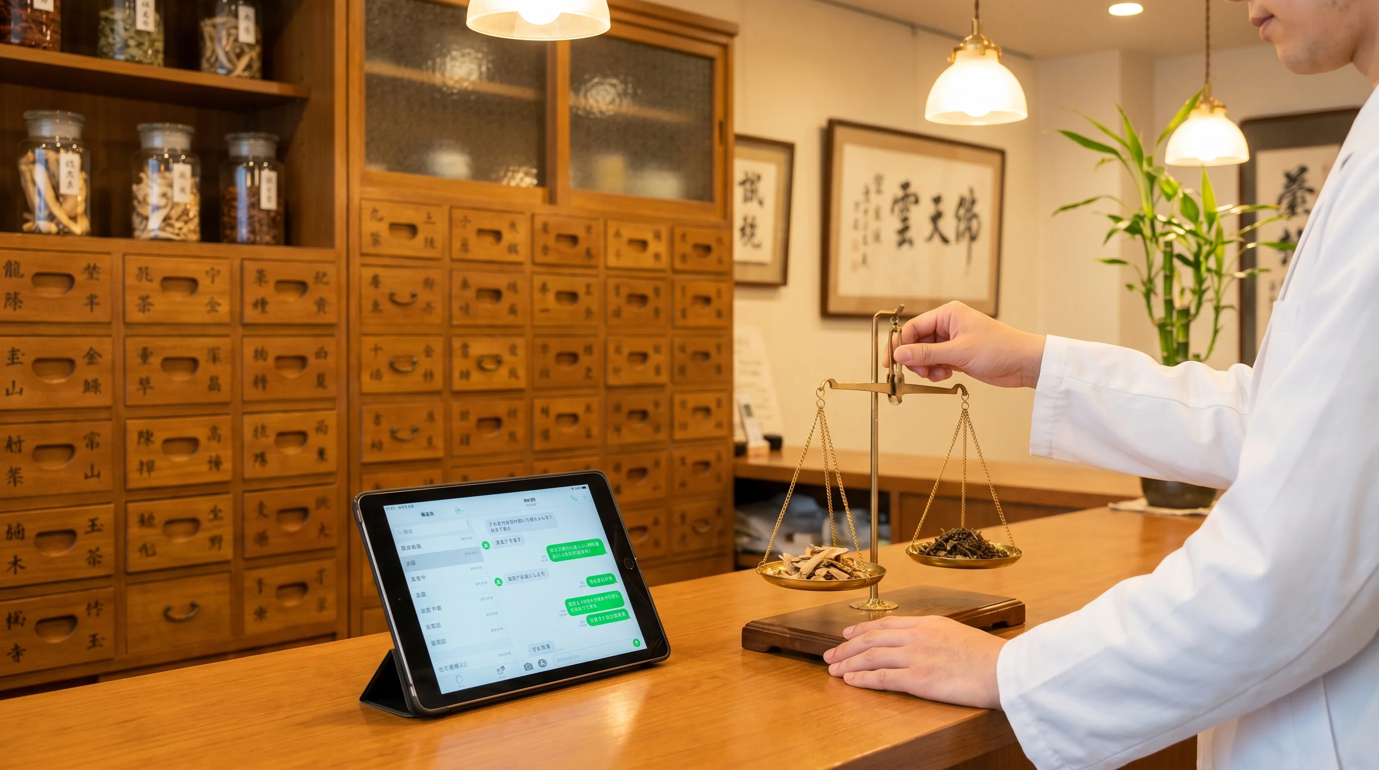 漢方薬局のAI検索最適化（AIO）のイメージ。タブレットにAIチャット画面が映っている