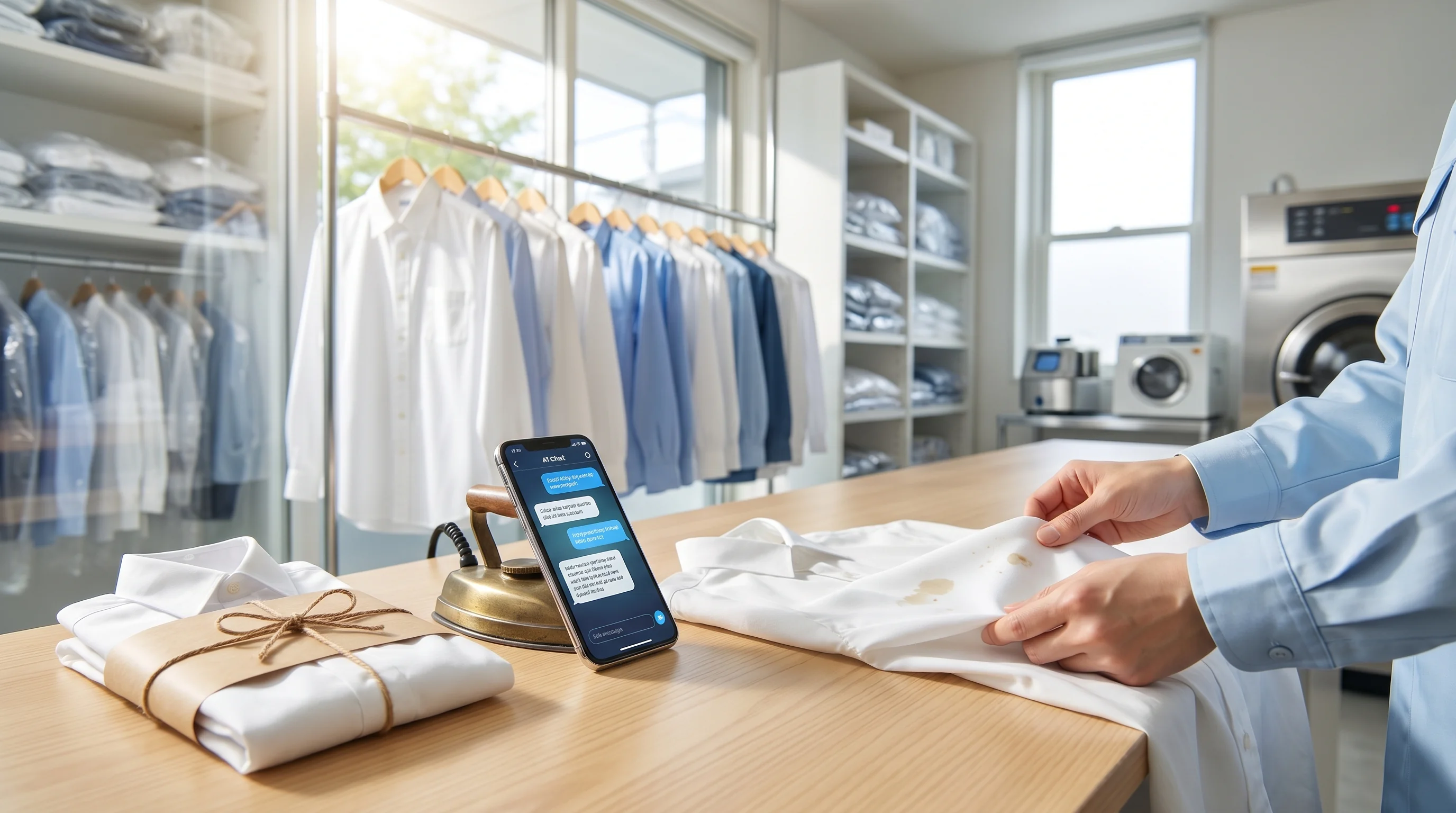 クリーニング店のAI検索最適化（AIO）のイメージ。タブレットにAIチャット画面が映っている