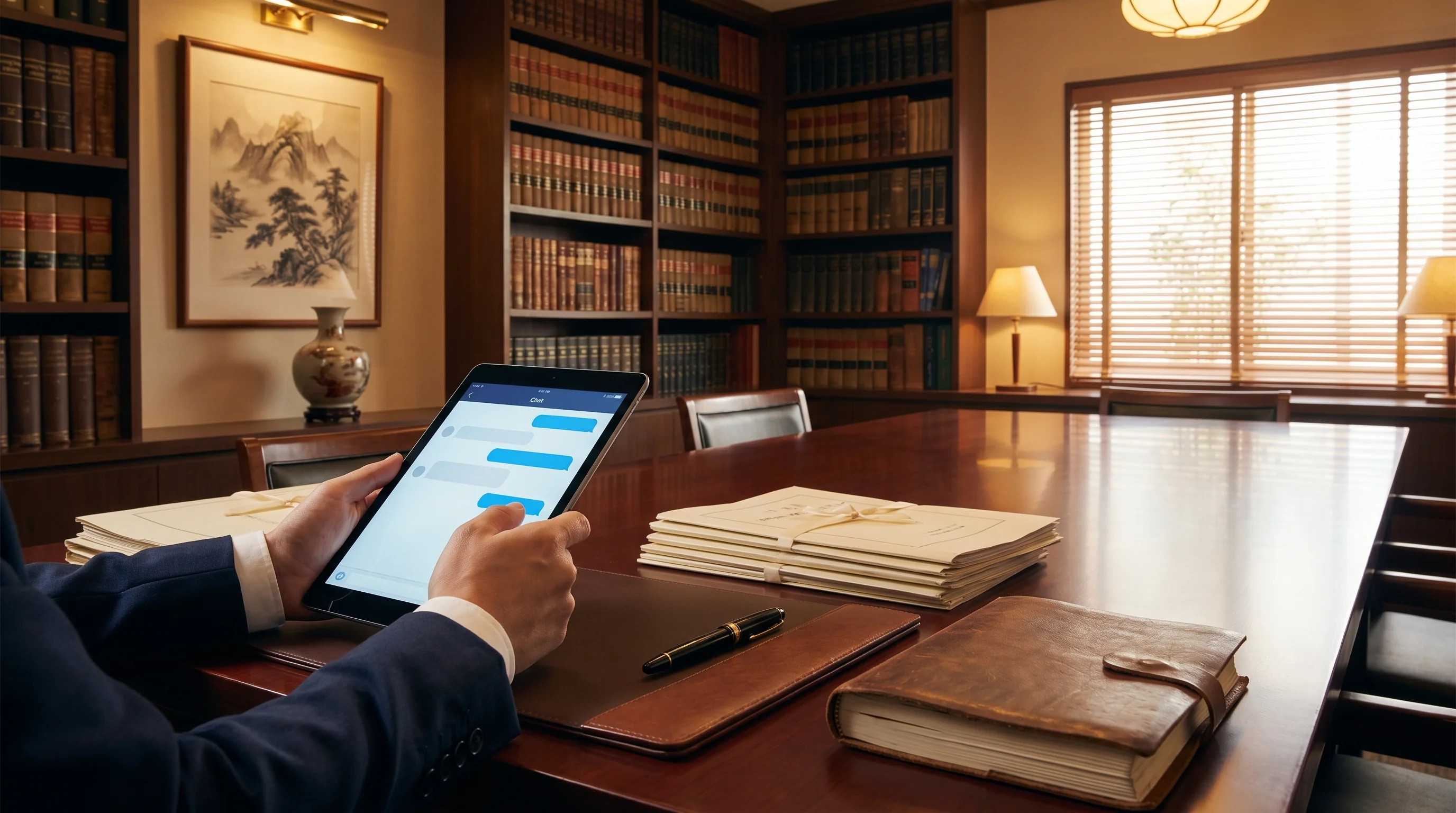 弁護士事務所のAI検索最適化（AIO）のイメージ。タブレットにAIチャット画面が映っている