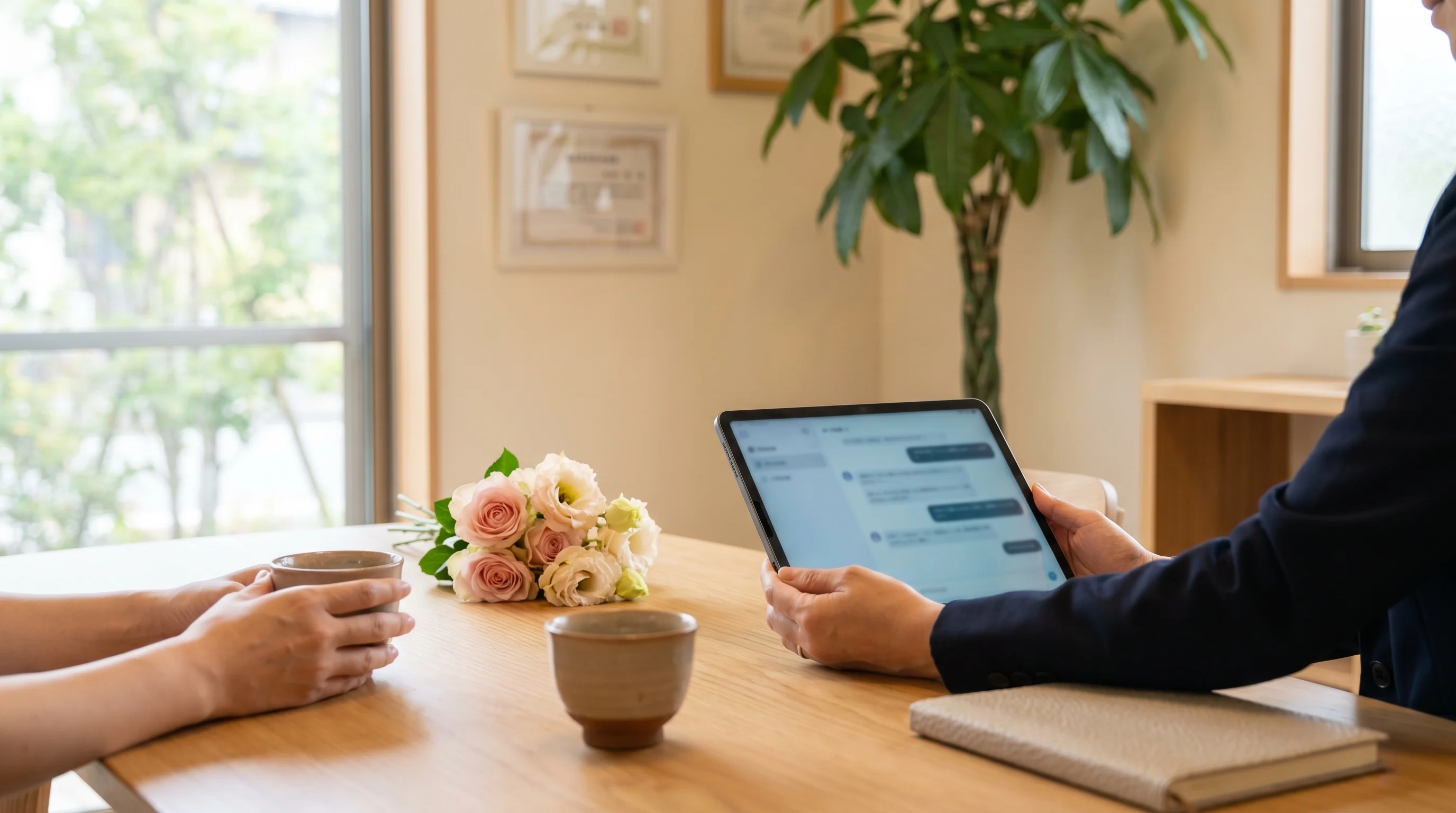 結婚相談所のAI検索最適化（AIO）のイメージ。タブレットにAIチャット画面が映っている