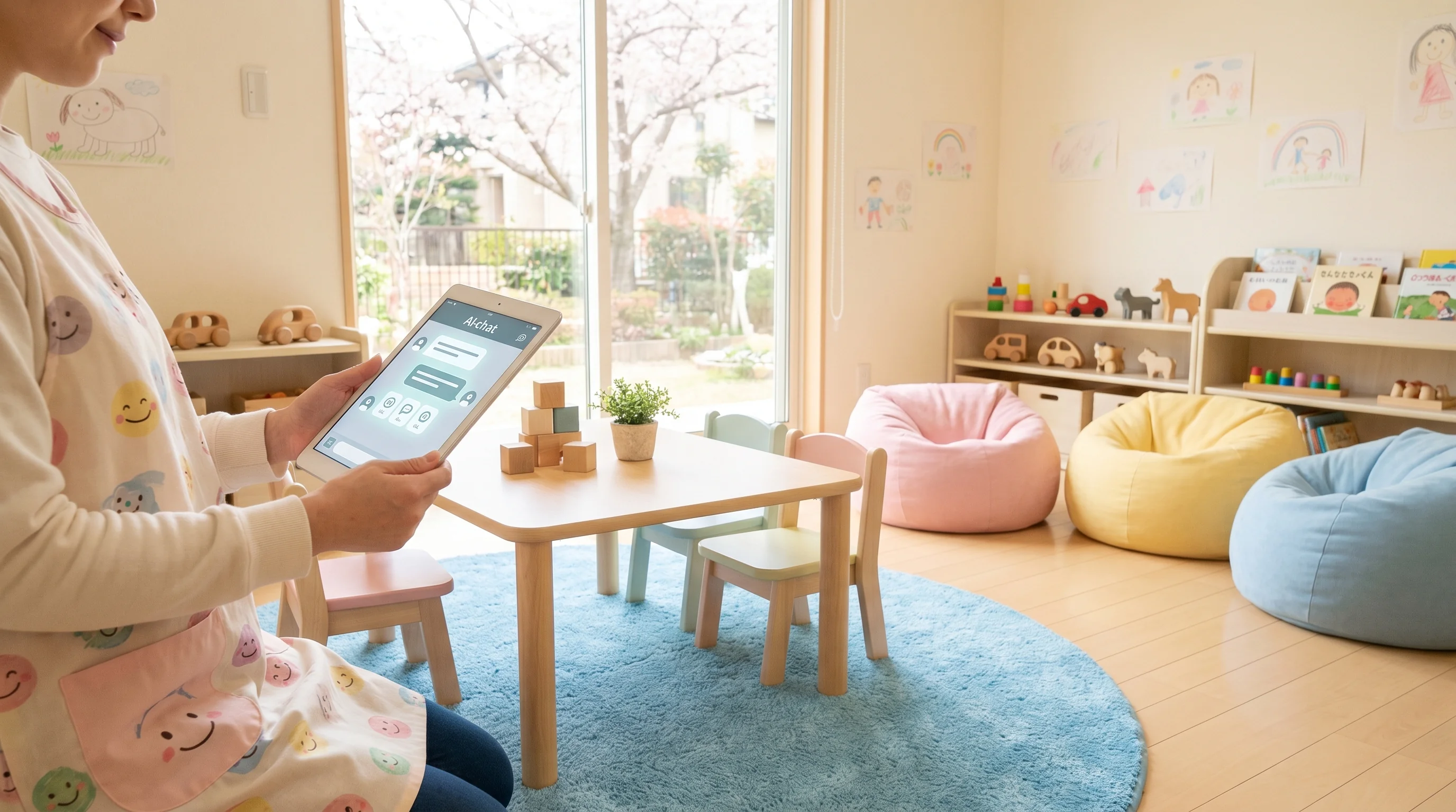 保育園のAI検索最適化（AIO）のイメージ。タブレットにAIチャット画面が映っている