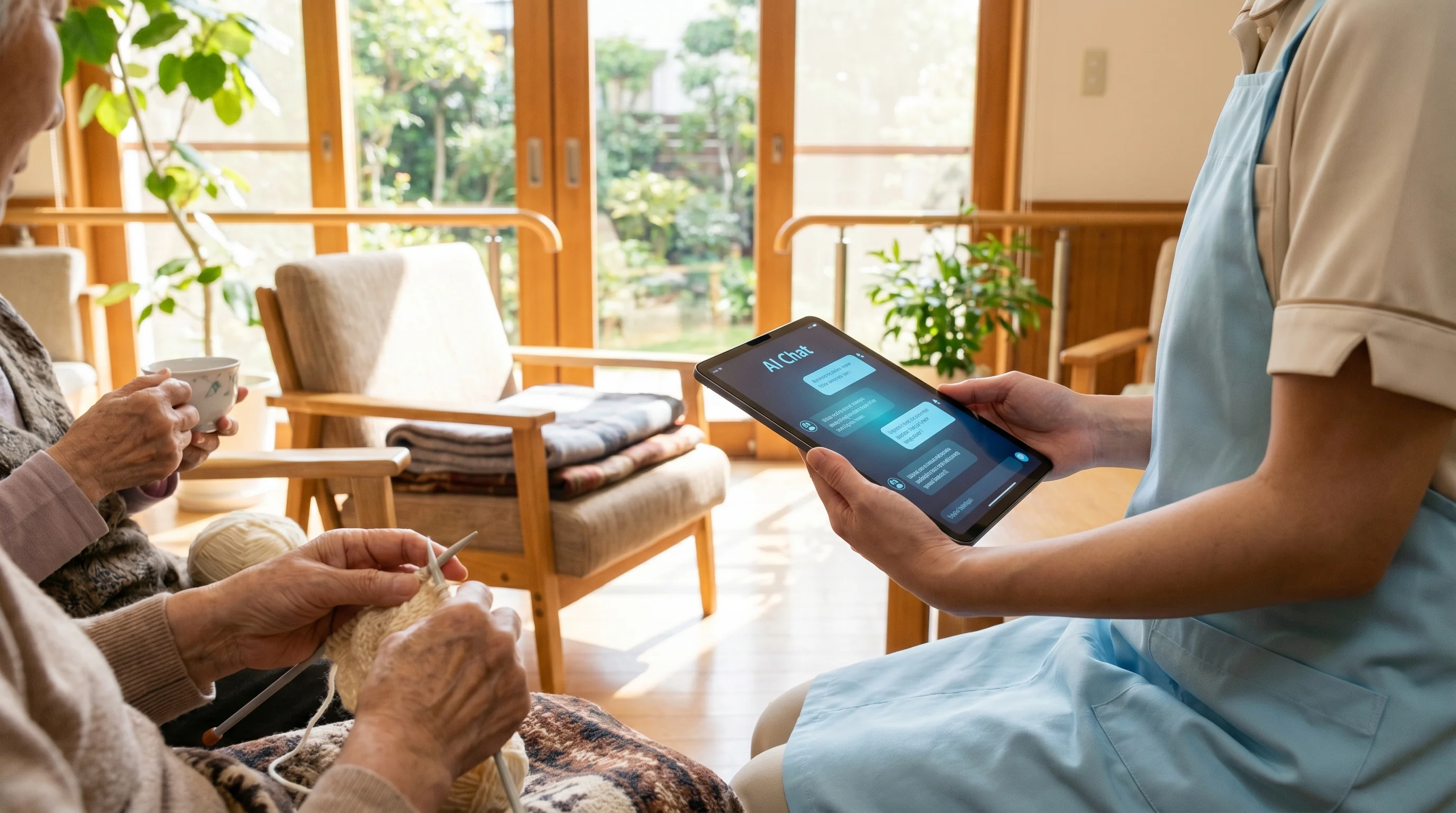 介護施設のAI検索最適化（AIO）のイメージ。タブレットにAIチャット画面が映っている