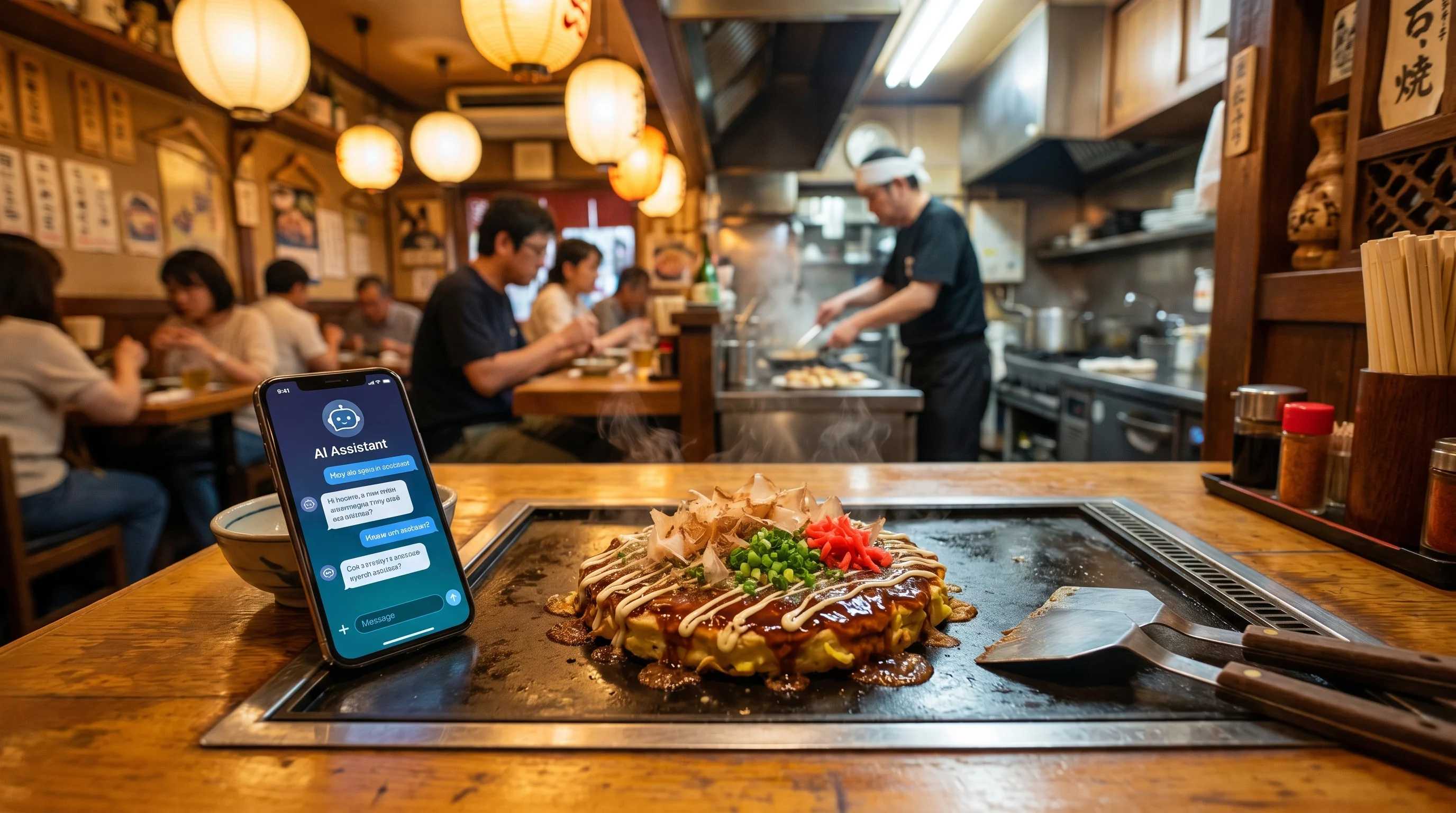 お好み焼き屋のAI検索最適化（AIO）のイメージ。タブレットにAIチャット画面が映っている