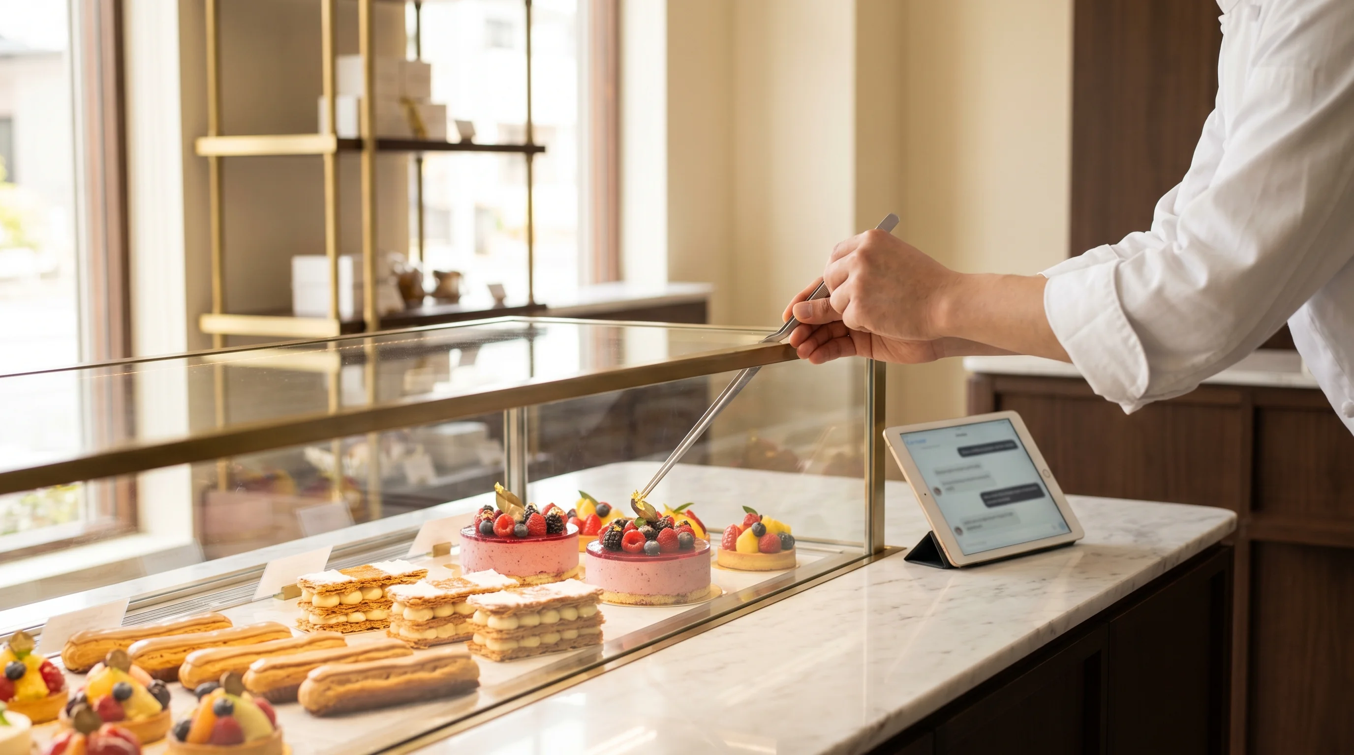 洋菓子店のAI検索最適化（AIO）のイメージ。タブレットにAIチャット画面が映っている