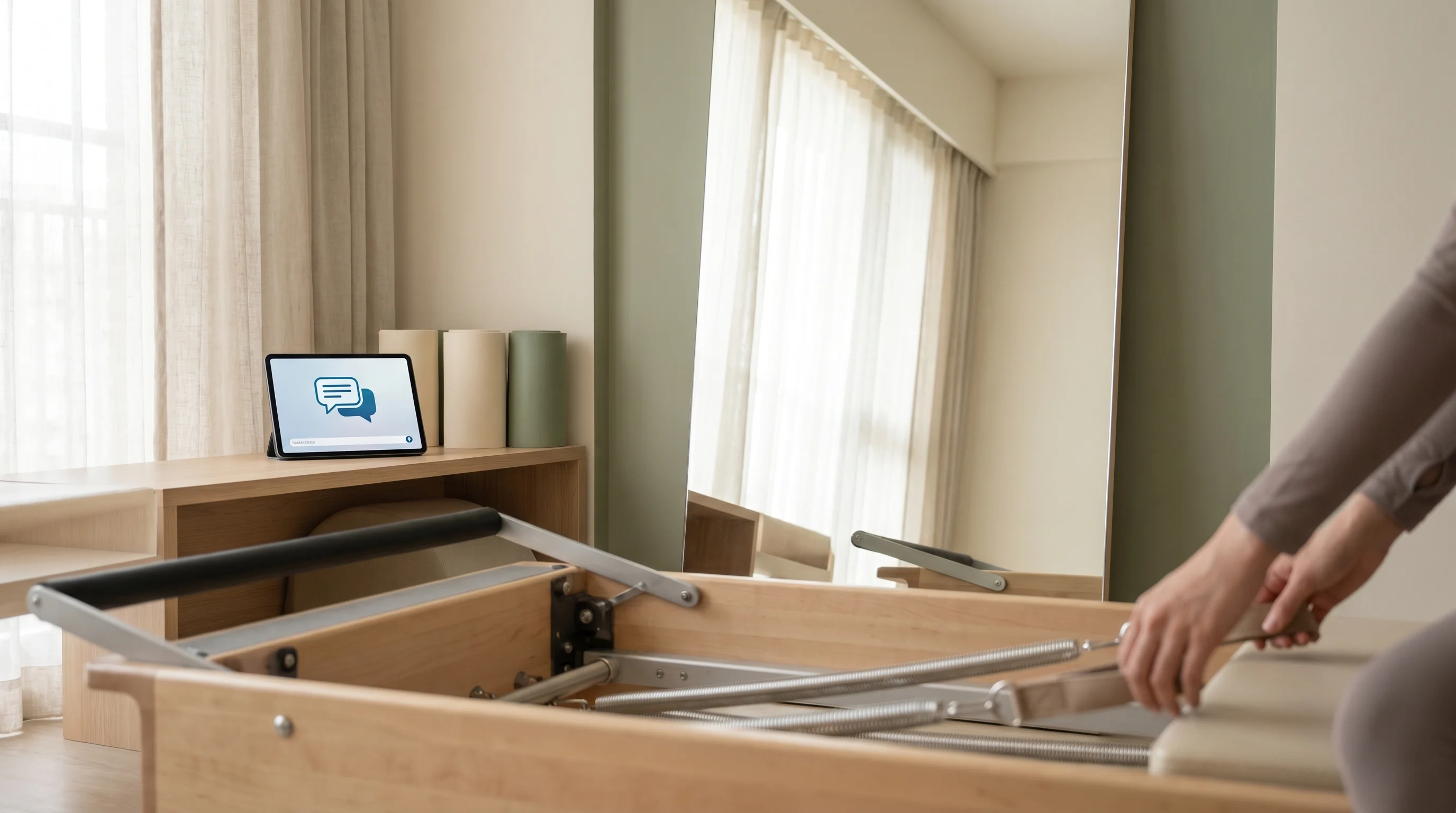 ピラティススタジオのAI検索最適化（AIO）のイメージ。タブレットにAIチャット画面が映っている