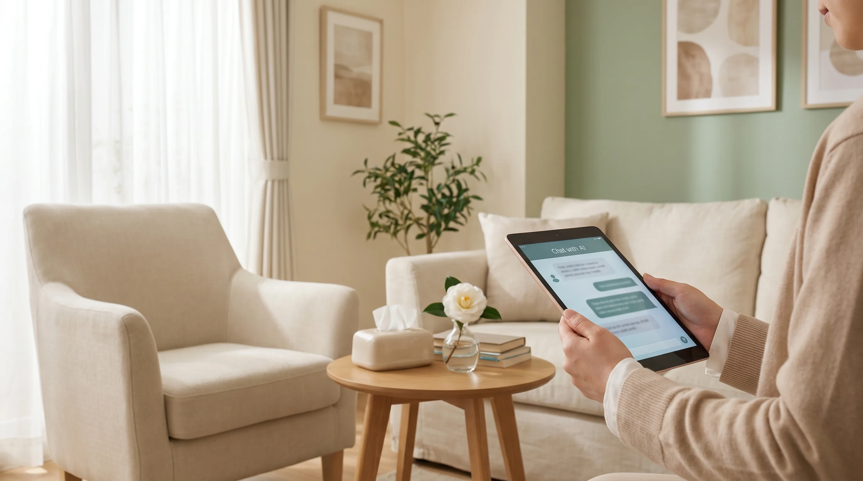 心療内科のAI検索最適化（AIO）のイメージ。タブレットにAIチャット画面が映っている