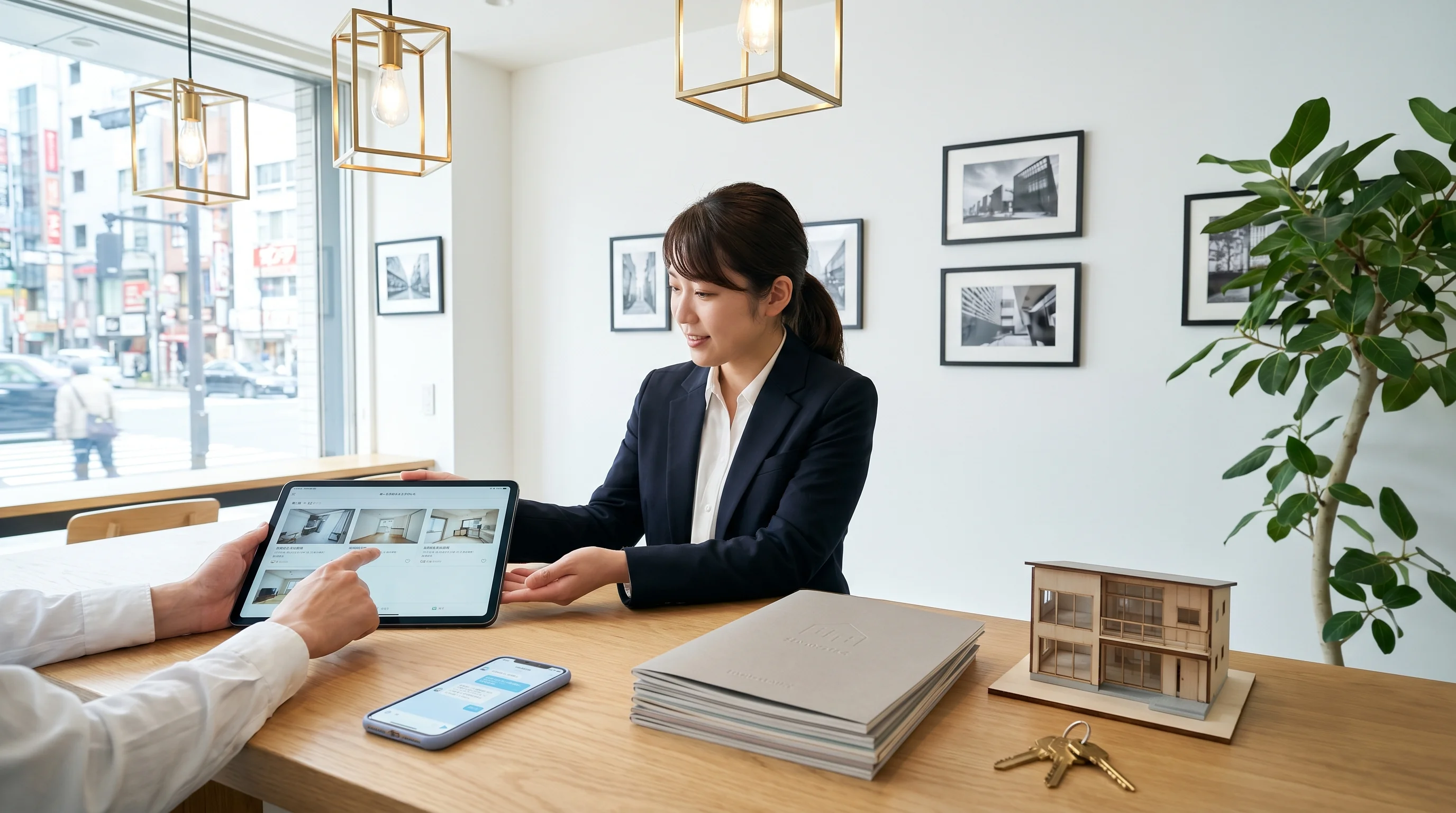 不動産屋のAI検索最適化（AIO）のイメージ。タブレットにAIチャット画面が映っている