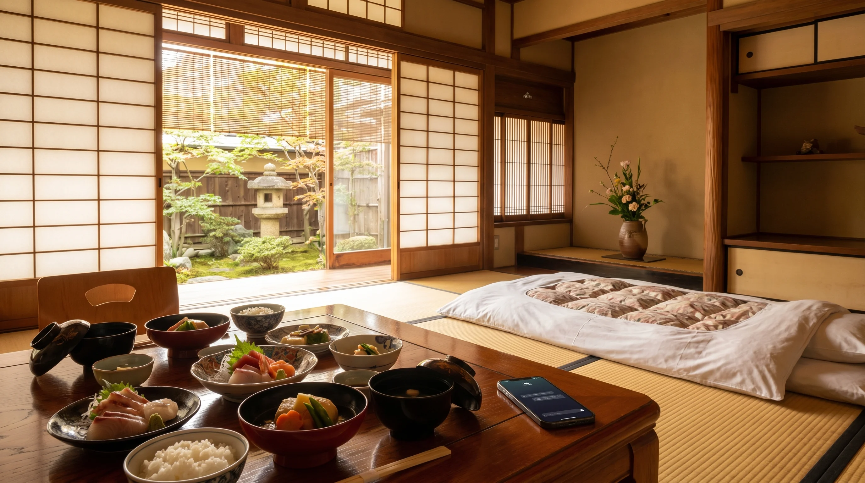 旅館のAI検索最適化（AIO）のイメージ。タブレットにAIチャット画面が映っている