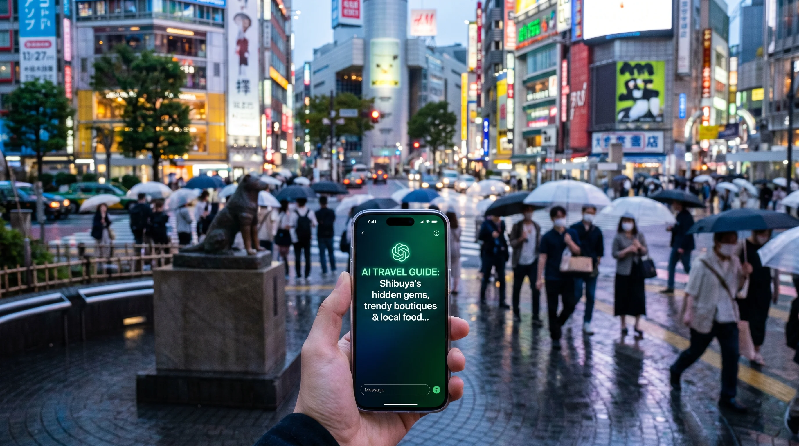 渋谷スクランブル交差点を見下ろす街並みと、AI検索で店舗を探すスマートフォン画面