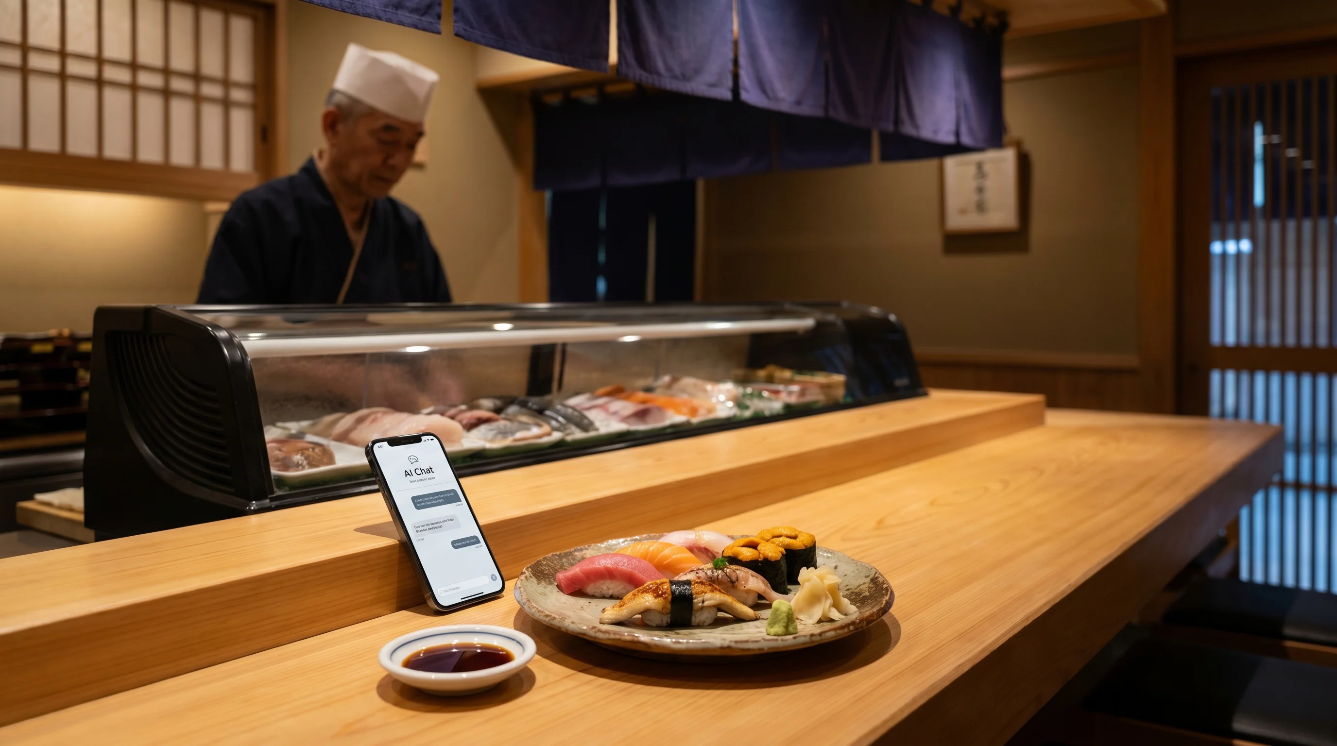 寿司屋のAI検索最適化（AIO）のイメージ。タブレットにAIチャット画面が映っている