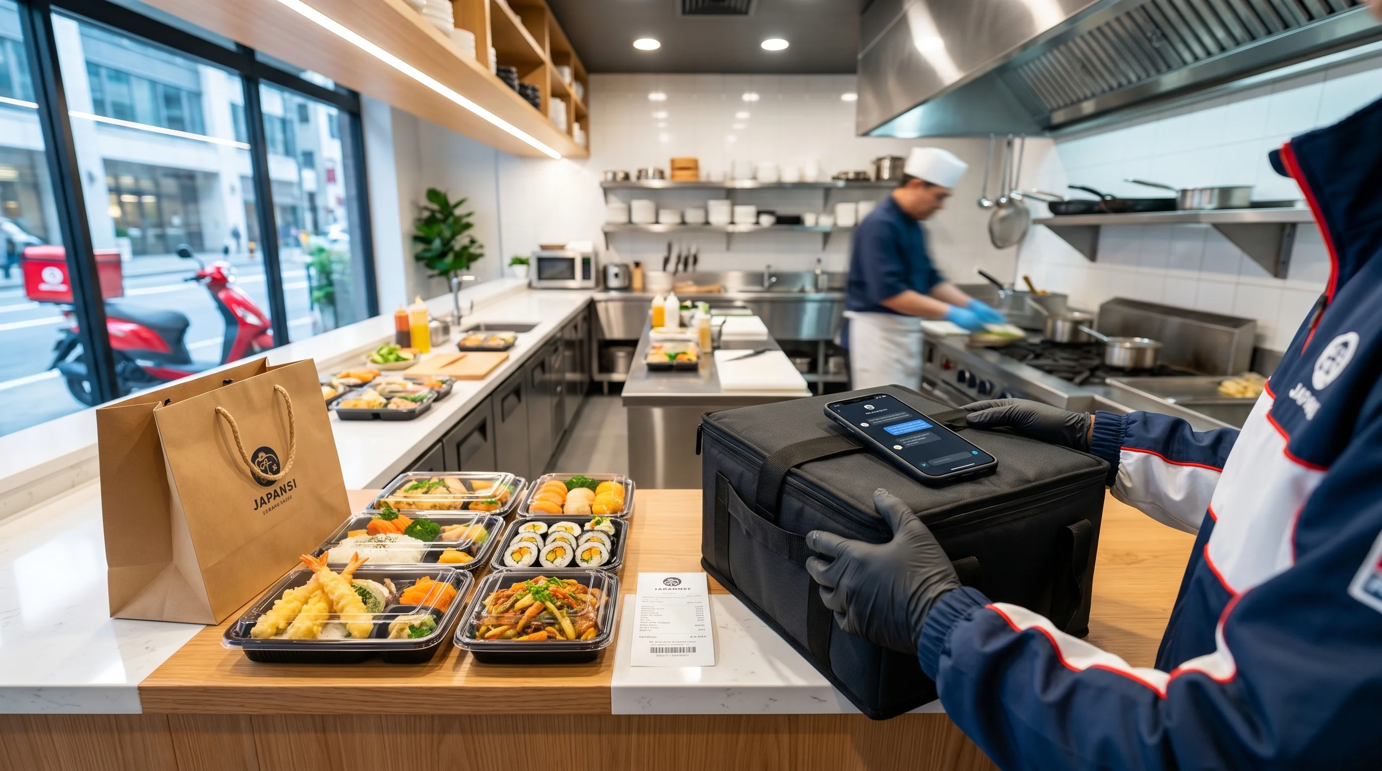 テイクアウト・デリバリー専門店のAI検索最適化（AIO）のイメージ。タブレットにAIチャット画面が映っている