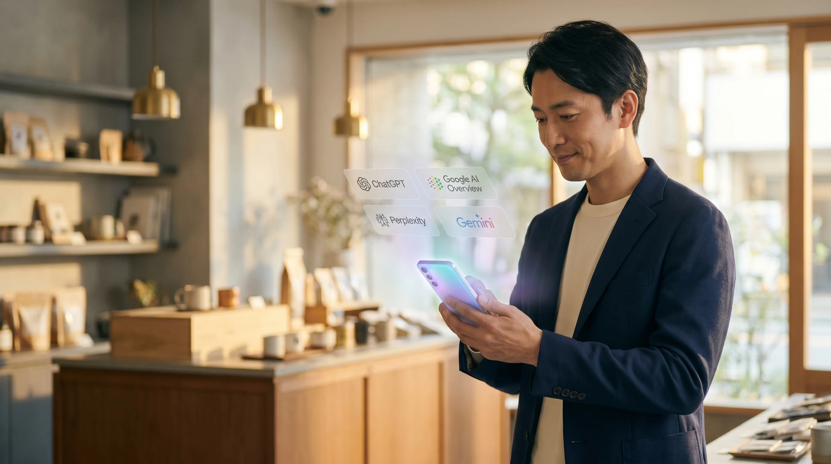 店舗オーナーがスマートフォンでChatGPT・Google AI Overview・Perplexity・GeminiのAI検索結果を確認している様子