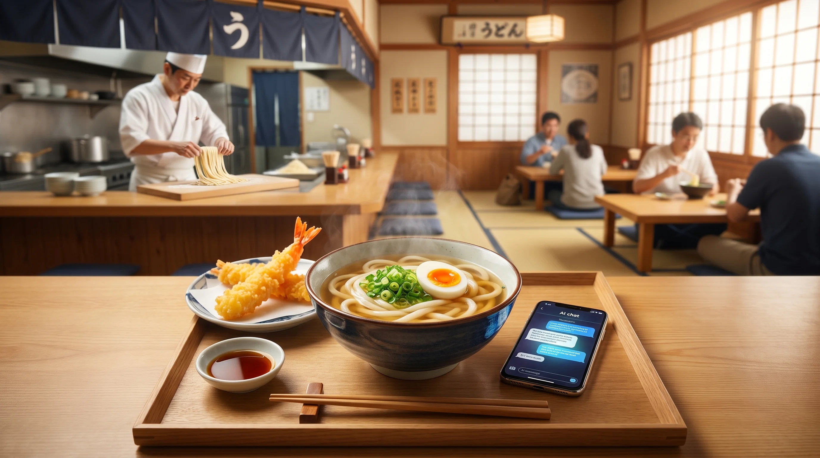 うどん・そば屋のAI検索最適化（AIO）のイメージ。タブレットにAIチャット画面が映っている