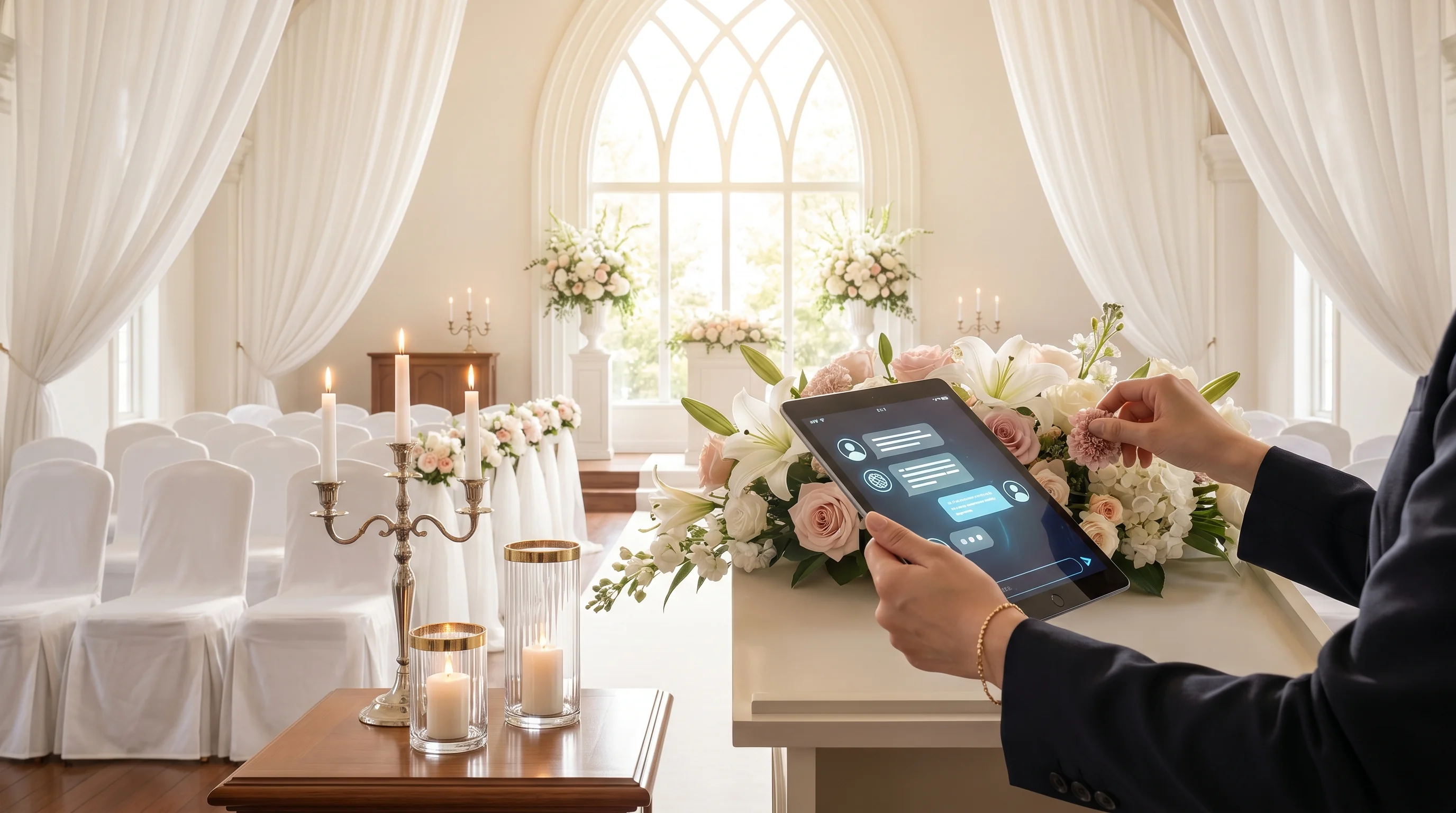 ウェディング会場のAI検索最適化（AIO）のイメージ。タブレットにAIチャット画面が映っている